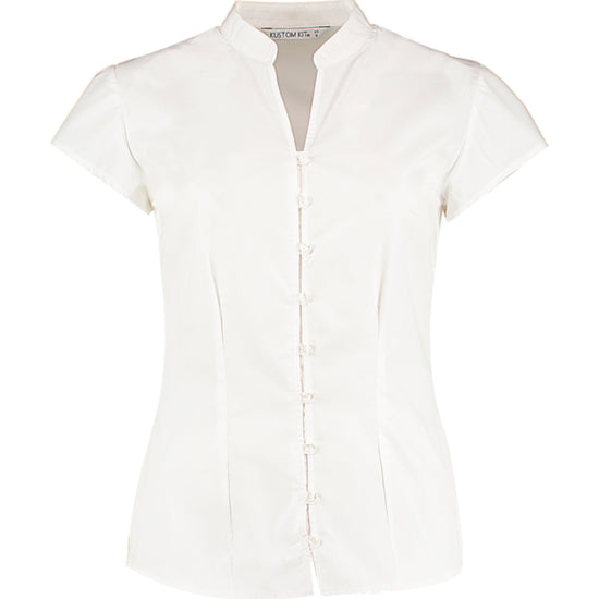 Kustom Kit Tailored Fit Mandarin Collar Poplin Blouse Cap Sleeve