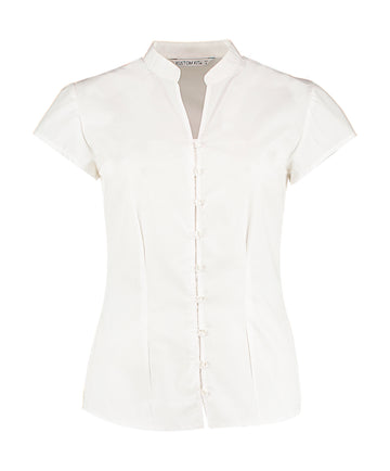Kustom Kit Tailored Fit Mandarin Collar Poplin Blouse Cap Sleeve