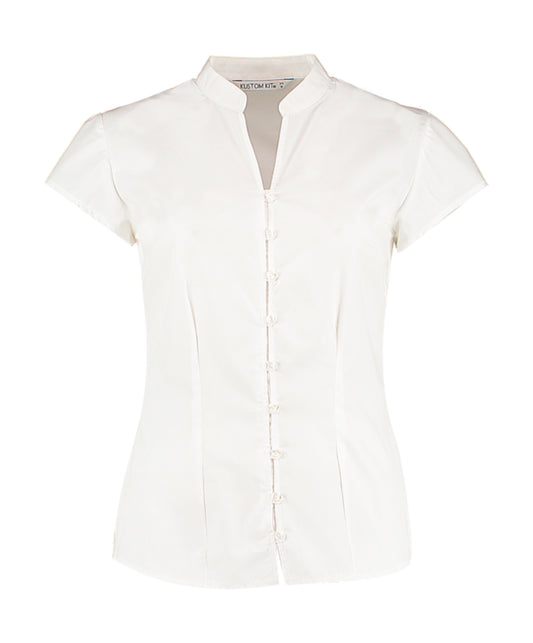 Kustom Kit Tailored Fit Mandarin Collar Poplin Blouse Cap Sleeve