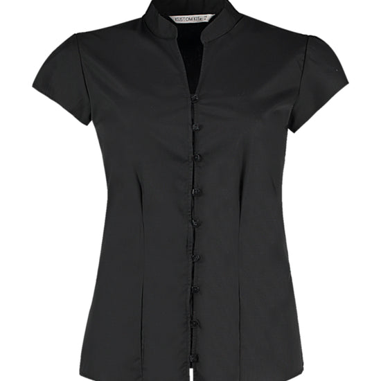 Kustom Kit Tailored Fit Mandarin Collar Poplin Blouse Cap Sleeve