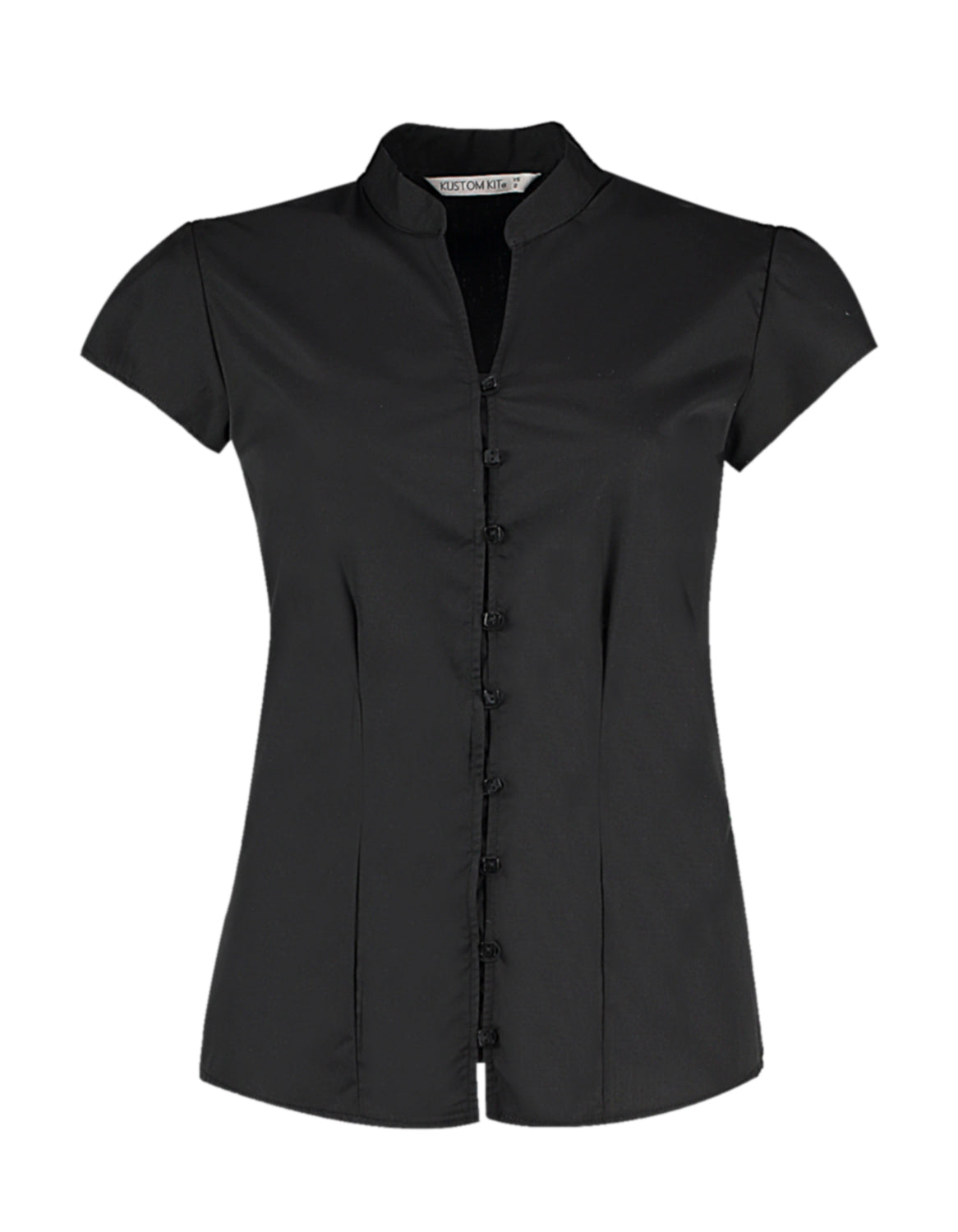 Kustom Kit Tailored Fit Mandarin Collar Poplin Blouse Cap Sleeve