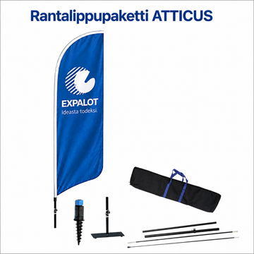 EXPALOT – Rantalippupaketti ATTICUS S–XL – Painatus + tanko + jalusta + kantolaukku