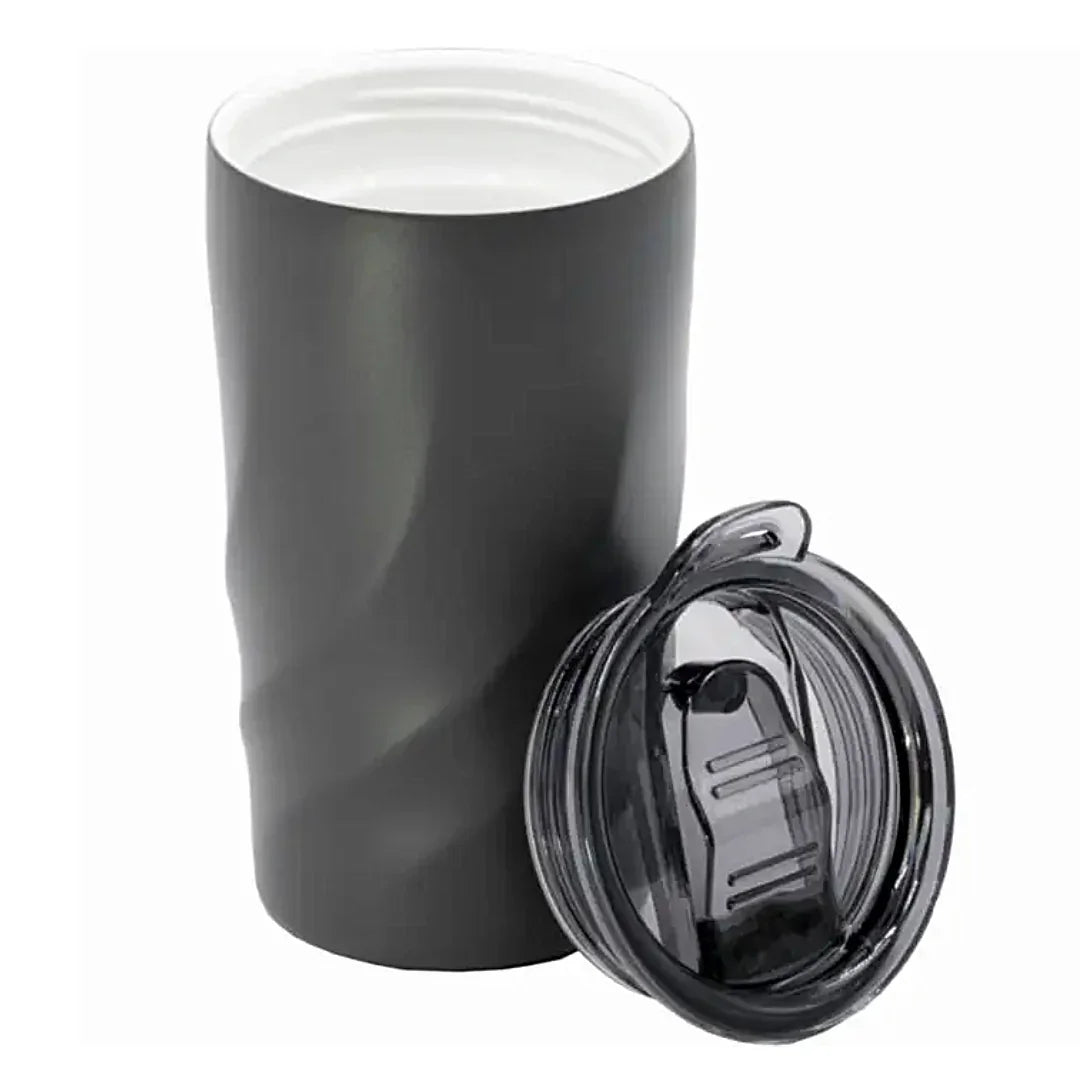 Black tumbler with a clear lid on a white background