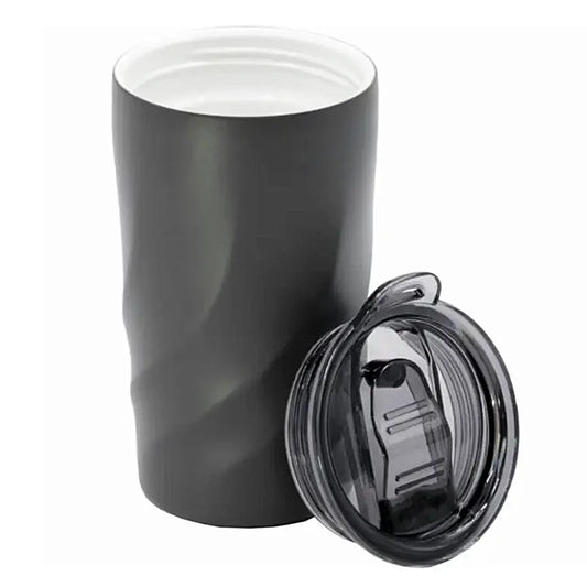 Black tumbler with a clear lid on a white background