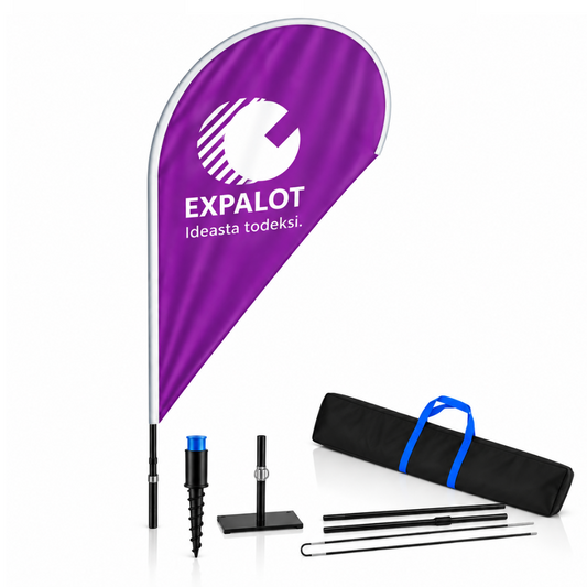 EXPALOT – Rantalippupaketti FLACCUS S–XL – Painatus + tanko + jalusta + kantolaukku