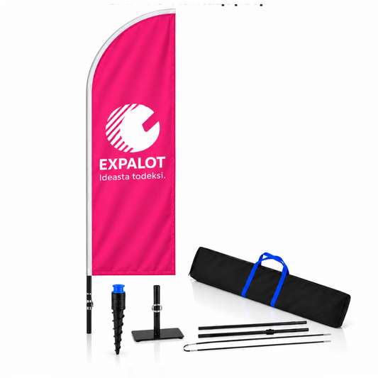 EXPALOT – Rantalippupaketti DENSUS S–XL – Painatus + tanko + jalusta + kantolaukku