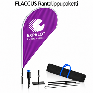 EXPALOT – Rantalippupaketti FLACCUS S–XL – Painatus + tanko + jalusta + kantolaukku