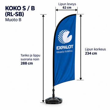 B - Rantalippu, tanko ja jalusta - 288 cm / Koko S / Muoto B (RL-SB)